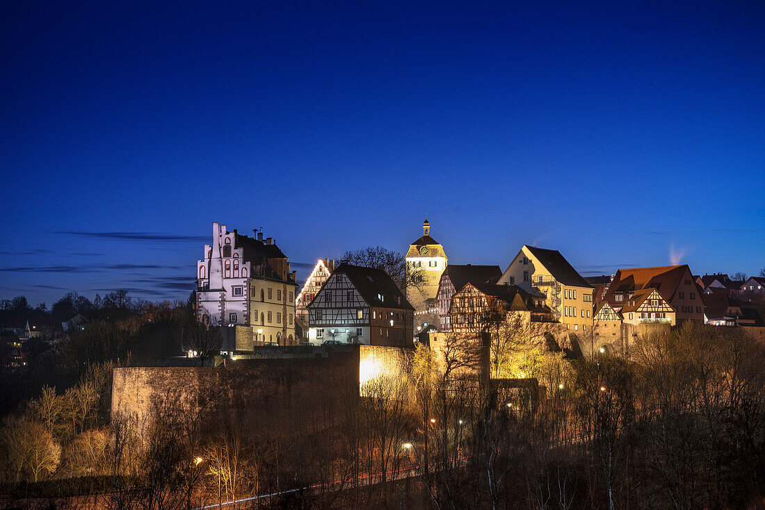 night view of the historic town center of Vellberg with town hall, castle and timber-frame houses, Schwaebisch Hall, Baden-Wuerttemberg, Germany