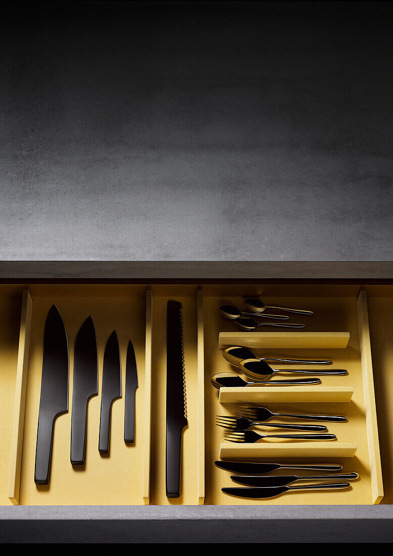 Cutlery drawer with knives, forks and spoons, Cutlery