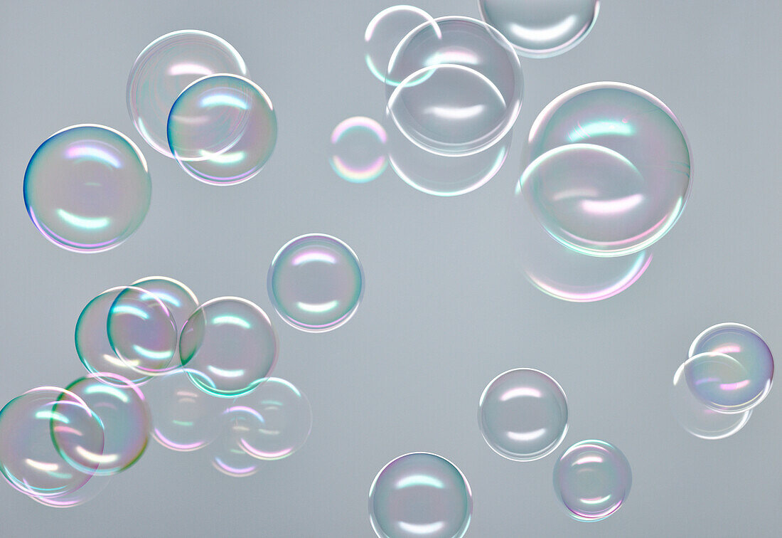 Transparent, colourful, floating soap bubbles