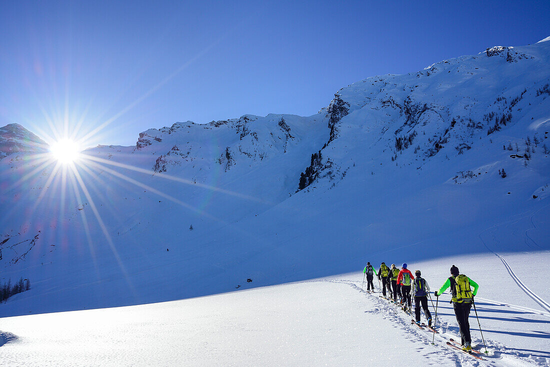 Several persons back-country skiing ascending towards Kleiner Kaserer, Kleiner Kaserer, valley of Schmirn, Zillertal Alps, Tyrol, Austria