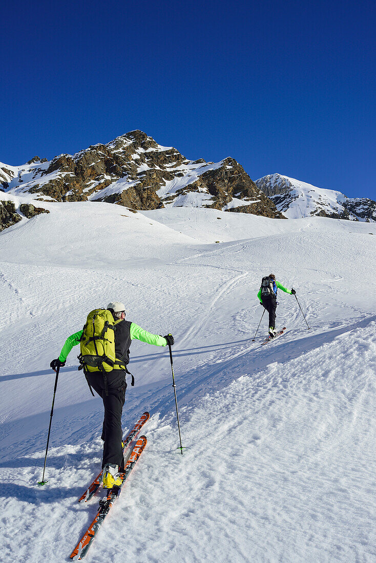 Two persons back-country skiing ascending towards Schneespitze, Schneespitze, valley of Pflersch, Stubai Alps, South Tyrol, Italy