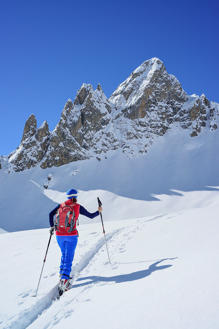 Frau auf Skitour steigt zum Col Sautron auf, Col Sautron, Valle Maira, Cottische Alpen, Piemont, Italien