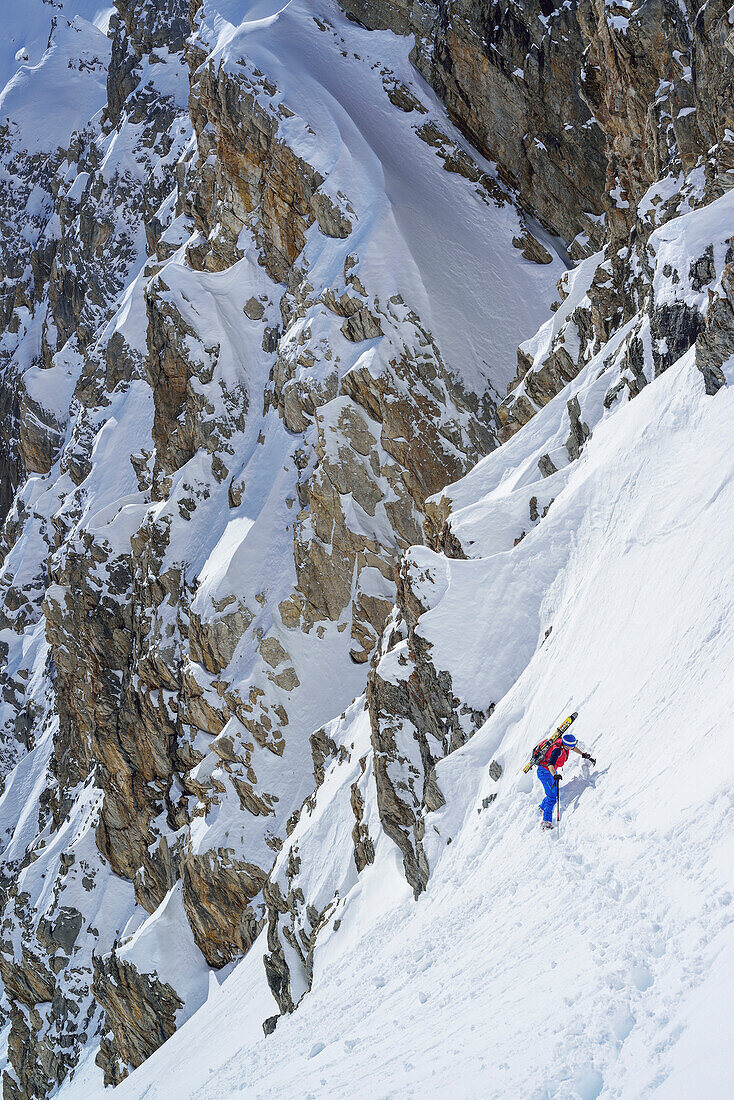 Frau auf Skitour steigt zur La Forcellina auf, Col Sautron, Valle Maira, Cottische Alpen, Piemont, Italien