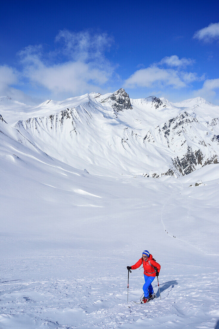Frau auf Skitour steigt zum Monte Faraut auf, Pelvo di Ciabiera im Hintergrund, Monte Faraut, Valle Varaita, Cottische Alpen, Piemont, Italien