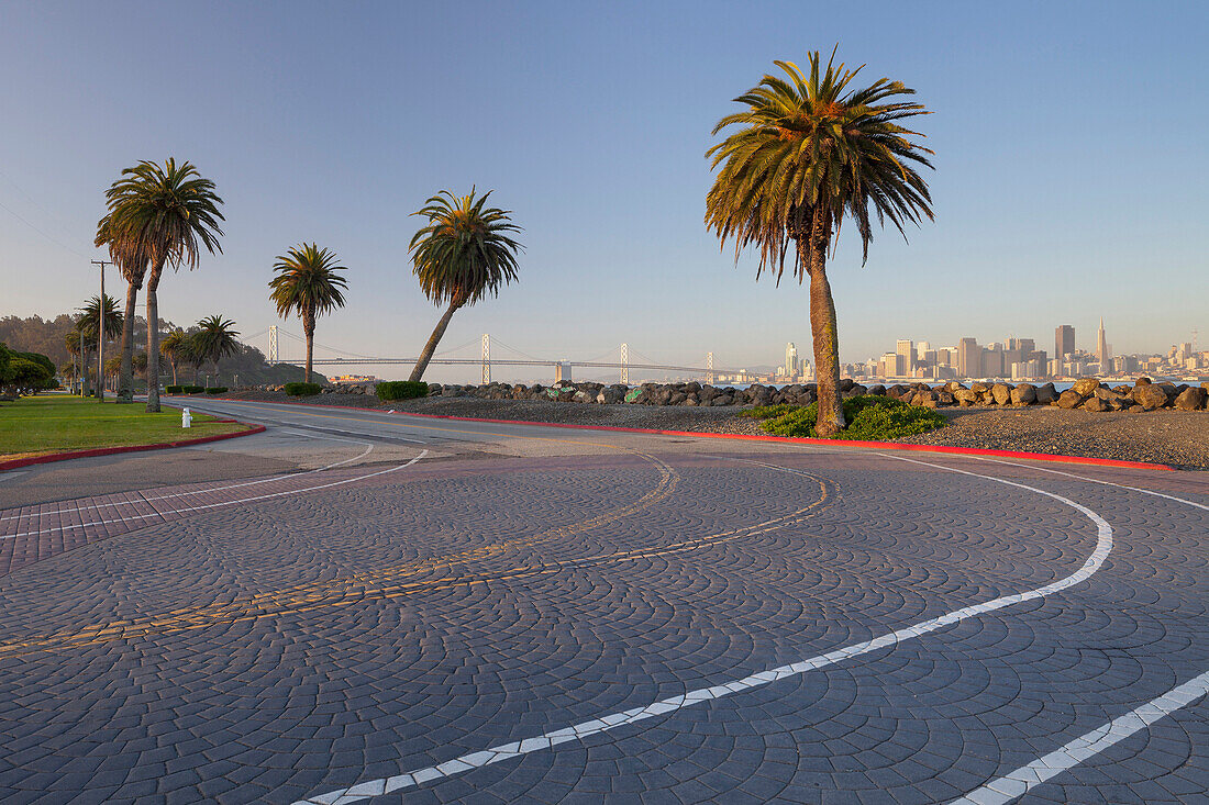 Avenue of the Palma, Treasure Island, Skyline San Francisco, Kalifornien, USA