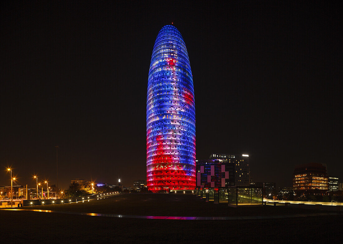 Torre Agbar, architect Jean Nouvel, modern architecture, LED-lightning, landmark, district 22@, Barcelona, Catalunya, Catalonia, Spain, Europa
