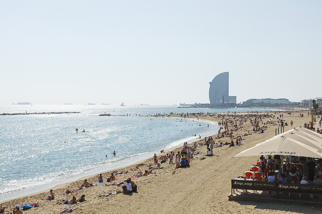 Platja de Barceloneta, beach, Hotel W Barcelona, Barceloneta, Barcelona, Catalunya, Catalonia, Spain, Europe