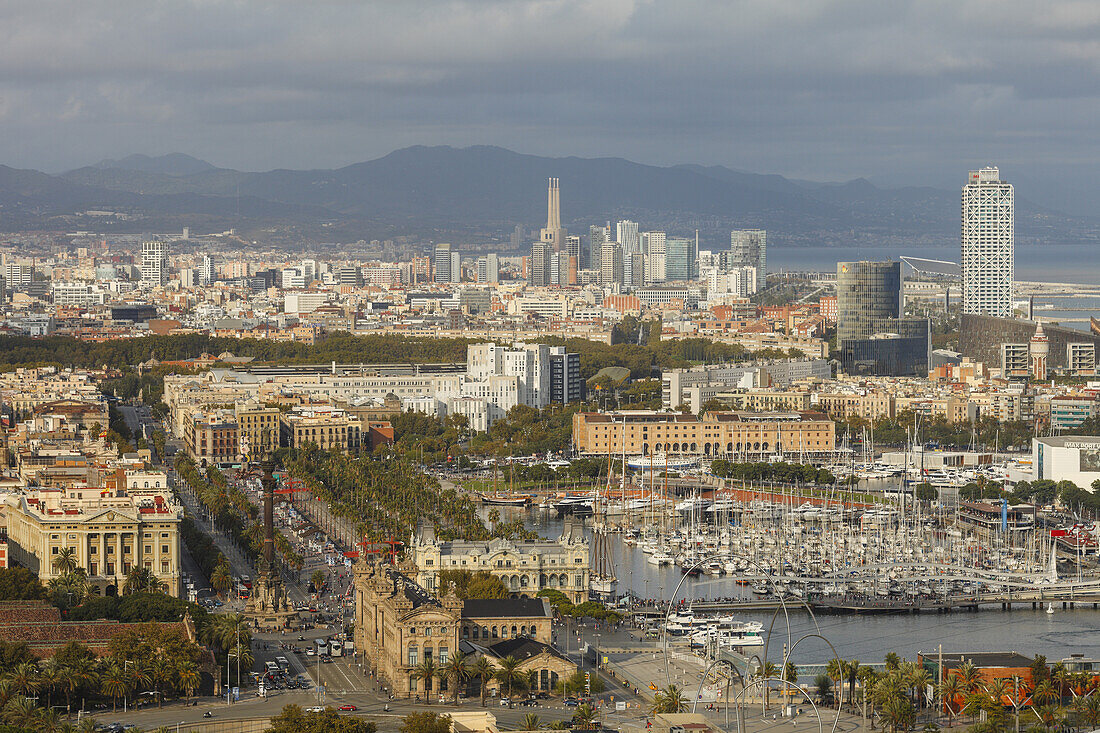 view across Barcelona from Montjuic mountain, Placa del Portal de la Pau with Columbus tower, Monument a Colom, Port Vell, old harbour, Barcelona, Catalunya, Catalonia , Spain, Europe