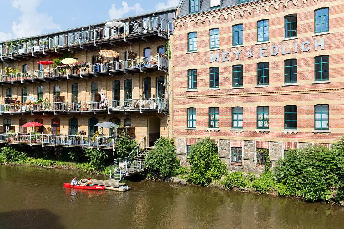 Canoeing on Karl Heine Canal, Plagwitz, Leipzig, Saxony, Germany