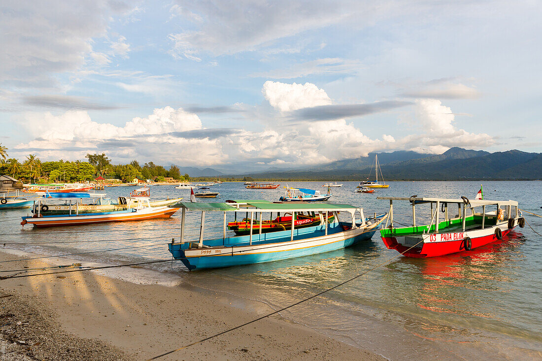 Colorful boats at beach, Gili Air, Lombok, Indonesia