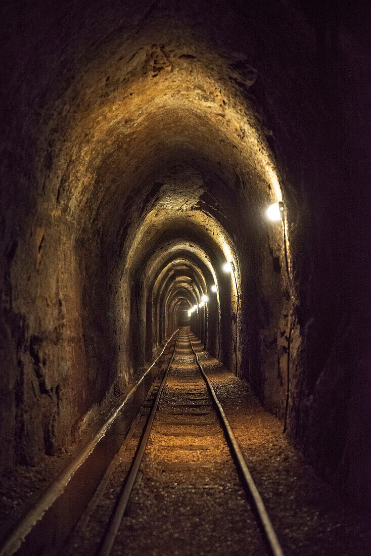 railway tracks in a mining pit, mining pit, Aalen, Ostalb province, Swabian Alb, Baden-Wuerttemberg, Germany