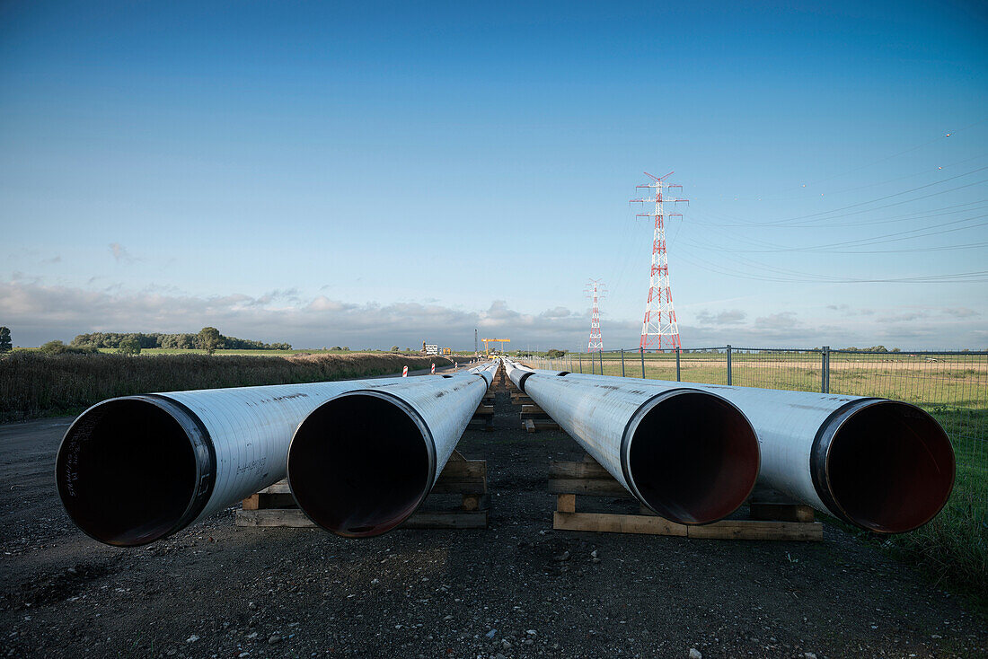 pipelines ready for construction, Wedel near Hamburg, Elbe River, Germany