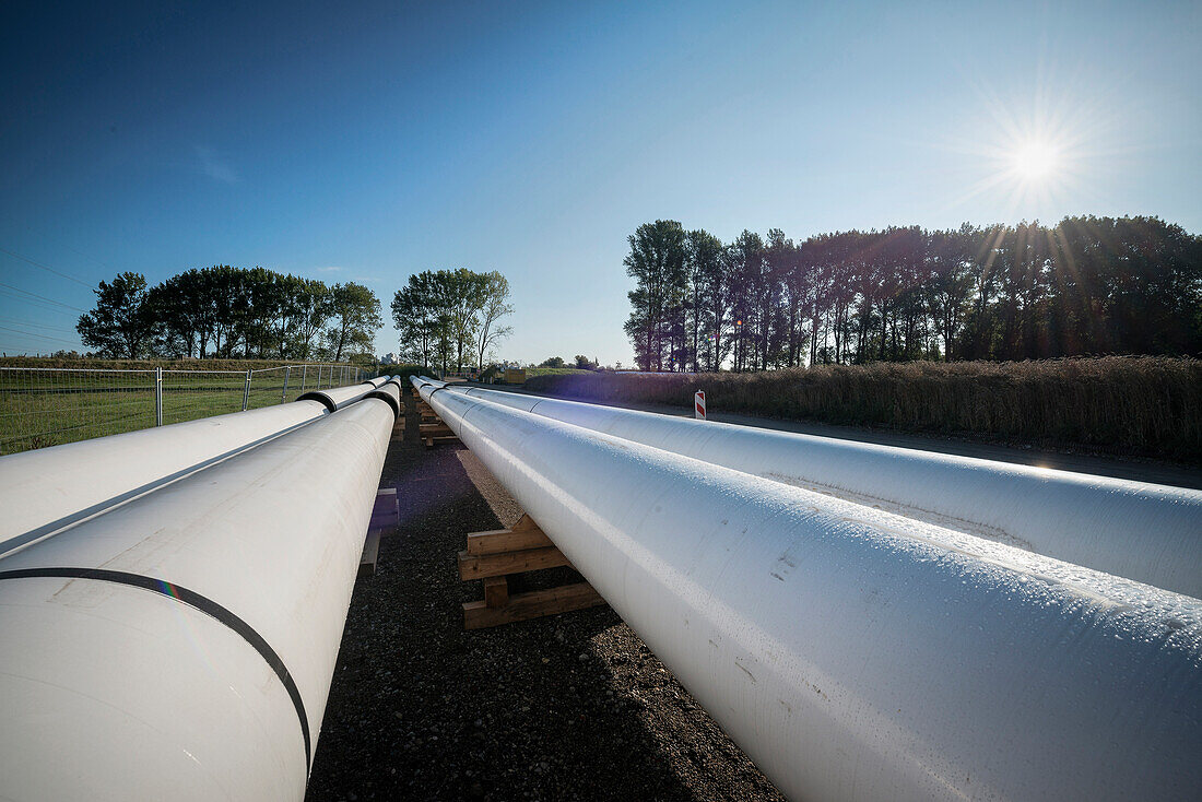 Morgentau auf Pipeline im Gegenlicht, Wedel bei Hamburg, Elbe, Deutschland