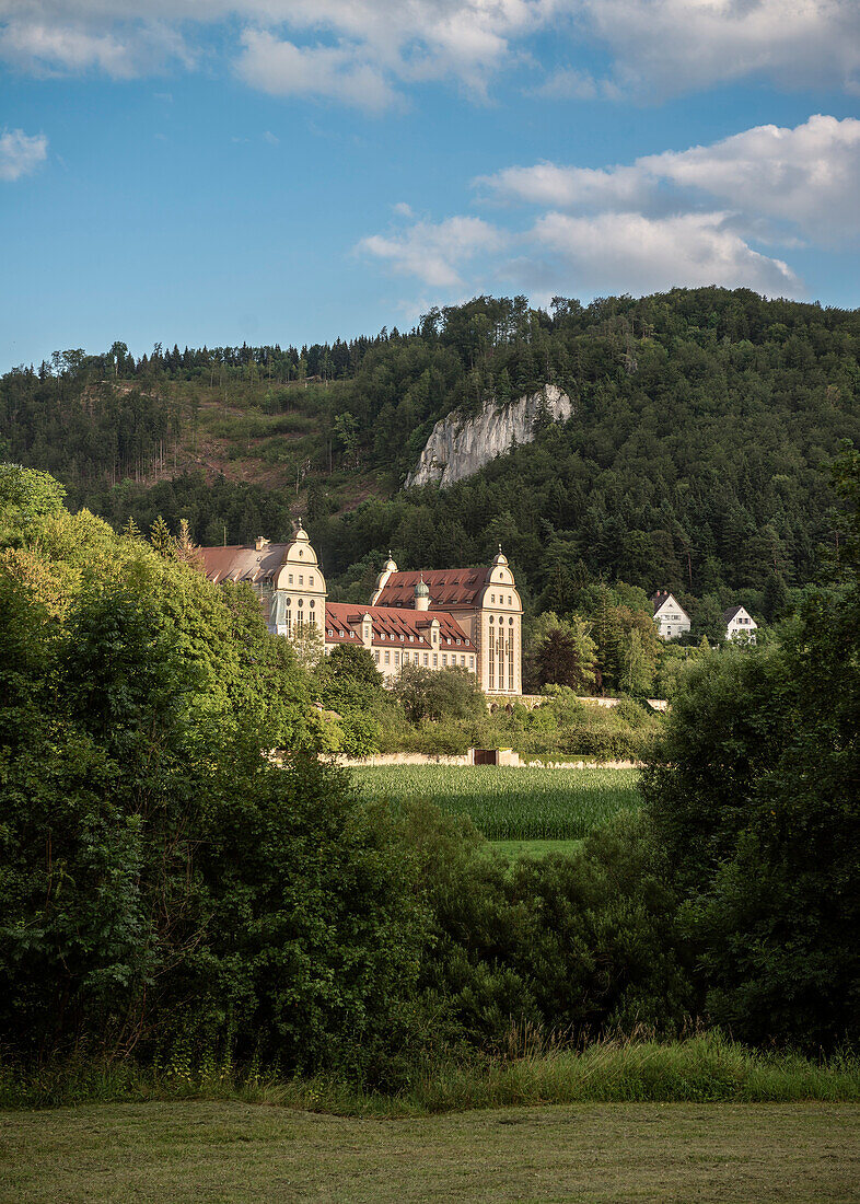 View towards Beuron Monastry, Sigmaringen, Swabian Alb, Baden-Wuerttemberg, Germany