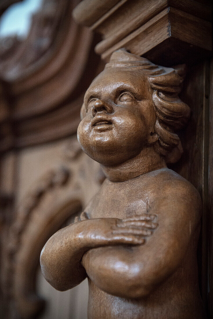 wooden carved angel in Beuron Monastry, Sigmaringen, Swabian Alb, Baden-Wuerttemberg, Germany