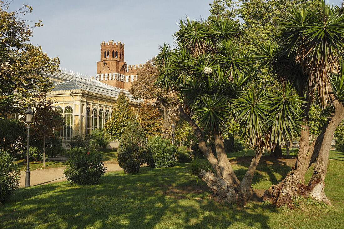 Hibernáculo, Glaspalast, und Castillo de los Tres Dragones, Parc de la Ciutadella, Stadtpark, Weltausstellung 1888, Barcelona, Katalonien, Spanien, Europa