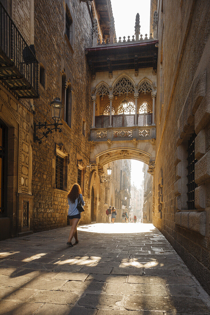 Carrer del Bisbe, bridge from 1928, modernisme, city district Barri Gotic, gothic quarter, Ciutat Vella, old town, Barcelona, Catalunya, Catalonia, Spain, Europe