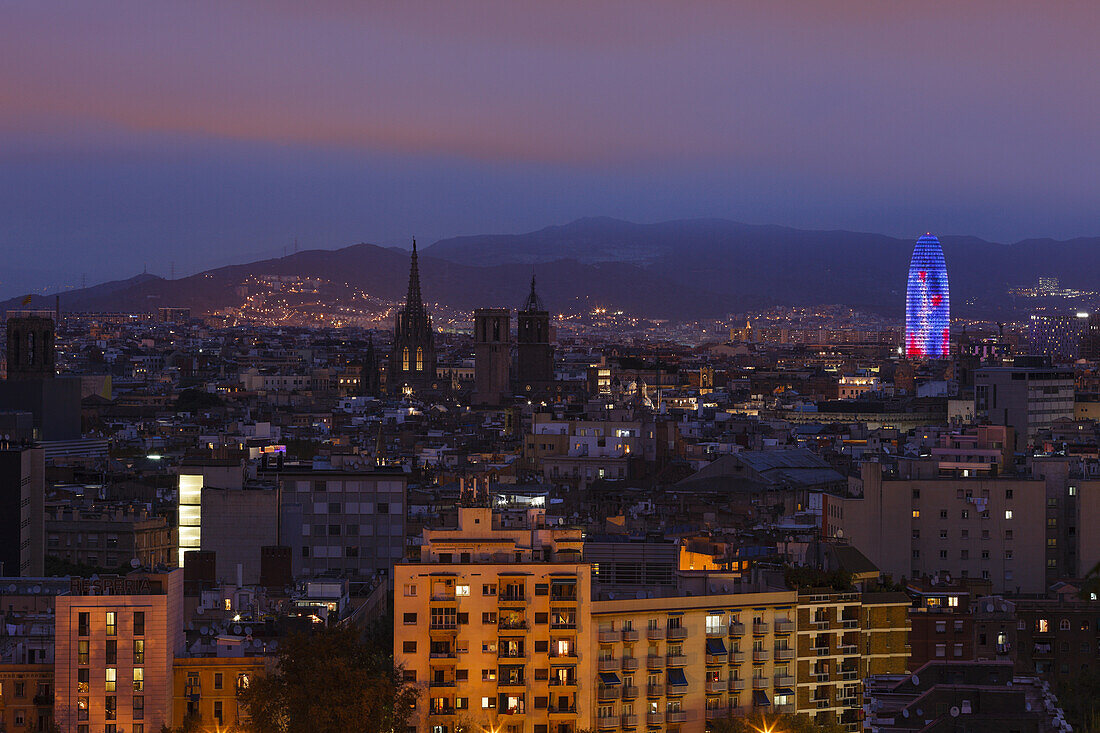 view across Barcelona from Montjuic mountain, La Seu, Cathedral de Santa Eulalia, cathedral, Torre Agbar, architect Jean Novel, 2004, LED-lighting, Barcelona, Catalunya, Catalonia , Spain, Europe