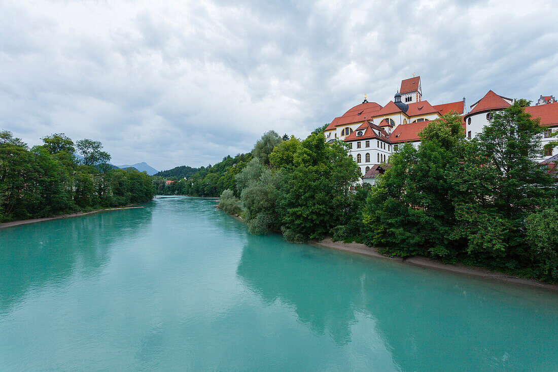 Lech river and Benedictine monastery St. Mang, Fuessen, district Ostallgaeu, Allgaeu, Bavaria, Germany, Europe
