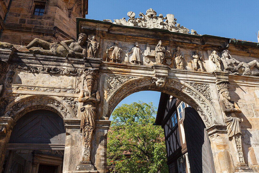 Portal, Alte Hofhaltung, Bishop´s Court in Bamberg, Schoene Pforte, 16th century, historic city center, UNESCO world heritage site, Regnitz river, Bamberg, Upper Franconia, Bavaria, Germany, Europe