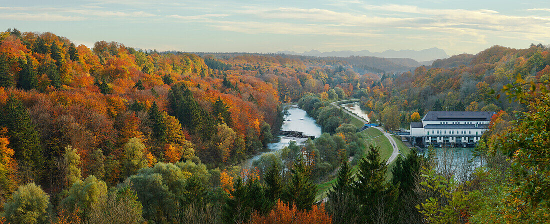 view over the valley of the river Isar to the Bavarian Alps and Zugspitze, Autumn, water power station, Pullach im Isartal, south of Munich, Upper Bavaria, Bavaria, Germany, Europe