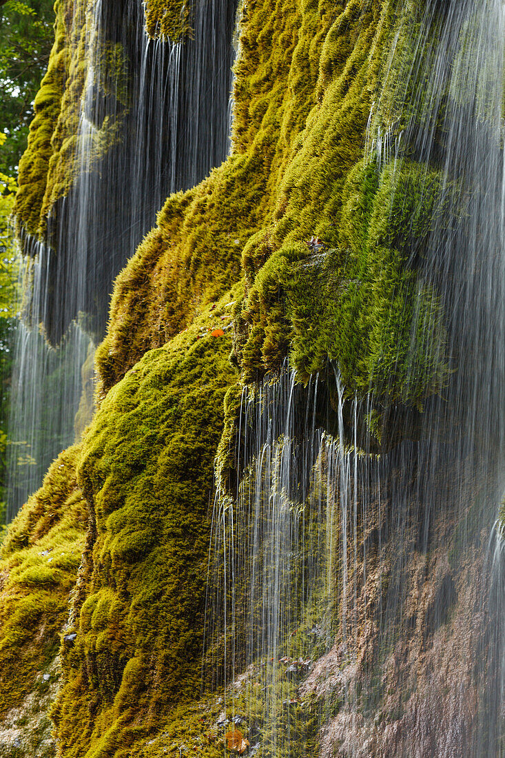 Schlererfaelle waterfall with moss, gorge of the Ammer river, near Saulgrub, district Garmisch-Partenkirchen, Bavarian alpine foreland, Upper Bavaria, Bavaria, Germany, Europe
