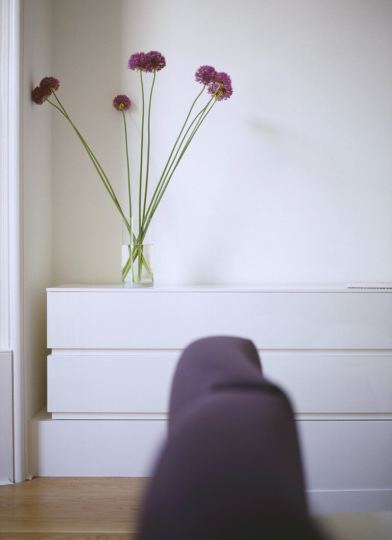 Blumen in Glasvase auf weißem Sideboard mit Schubladen