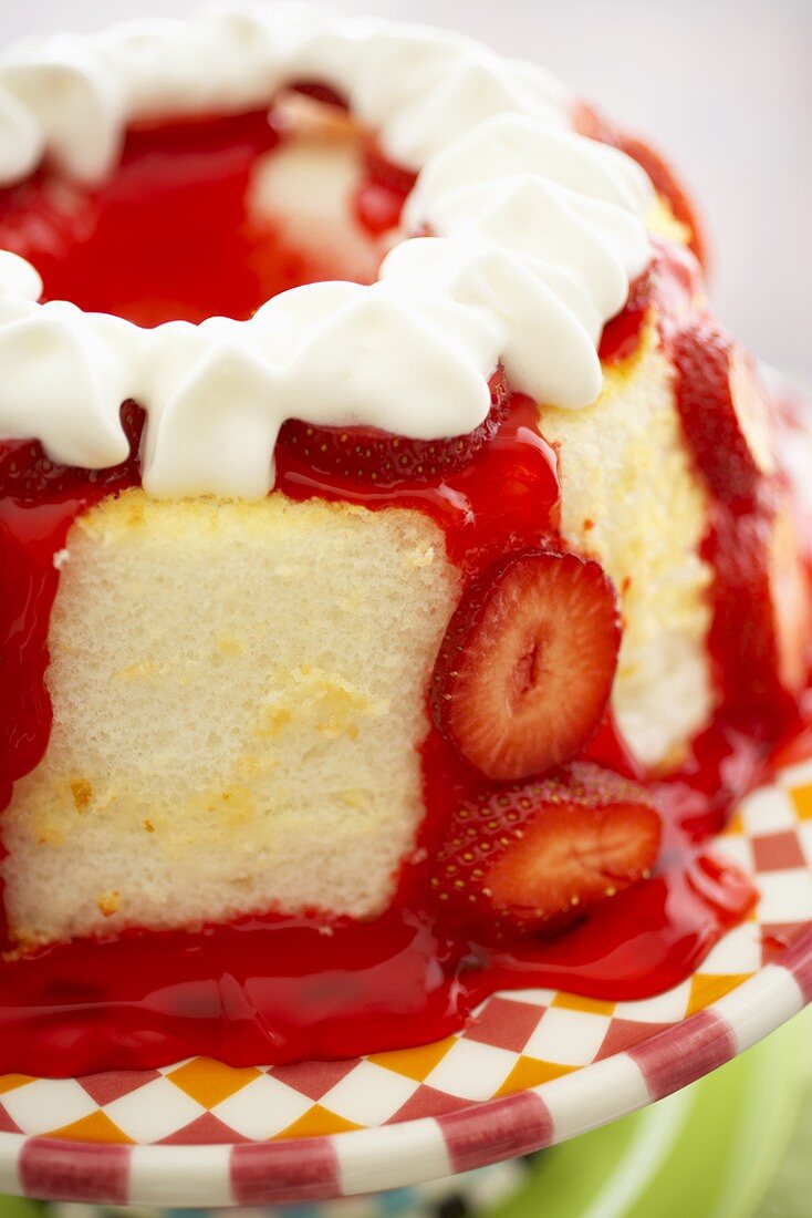 Angel Food Cake with Strawberries, Strawberry Glaze and Whipped Cream