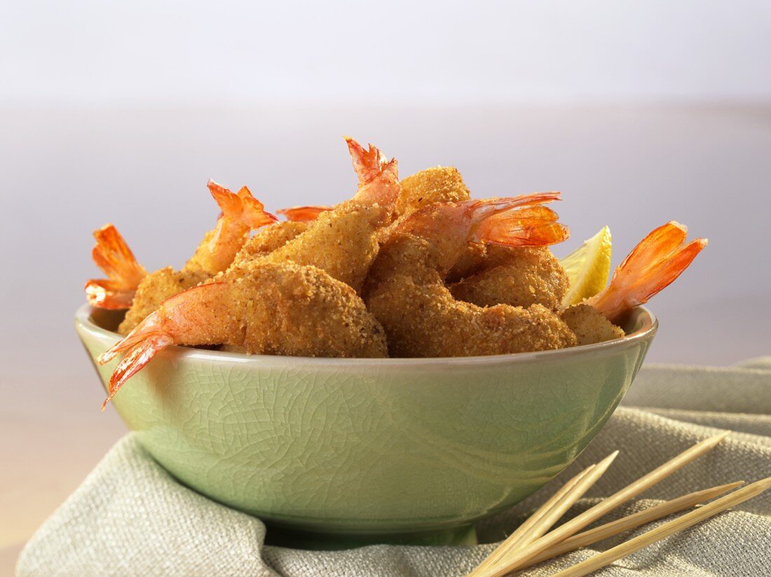 Bowl of Breaded Shrimp with Wooden Toothpicks