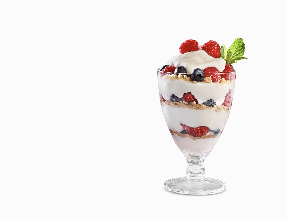 Fruit, Yogurt and Granola Parfait on a White Background