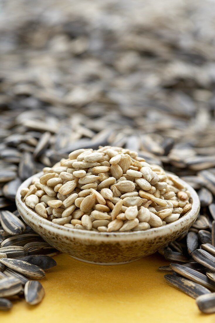 Bowl of Shelled Sunflower Seeds Surrounded by Whole Seeds