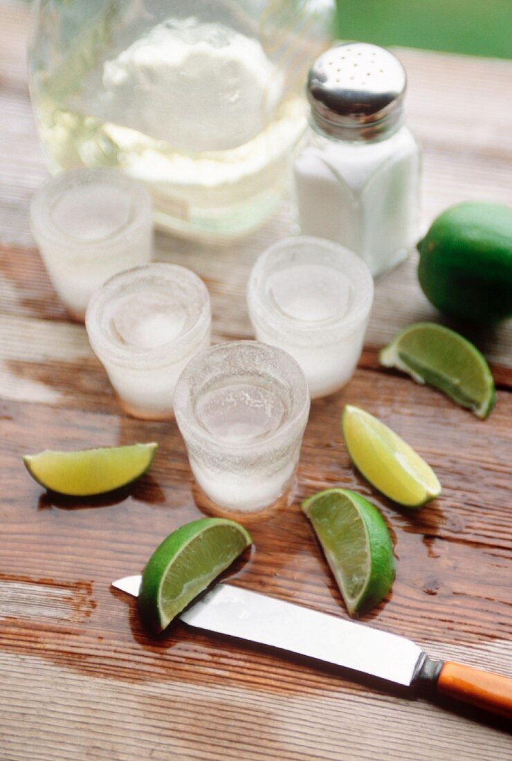 Sliced Limes, Chilled Shot Glasses and Salt for Tequila