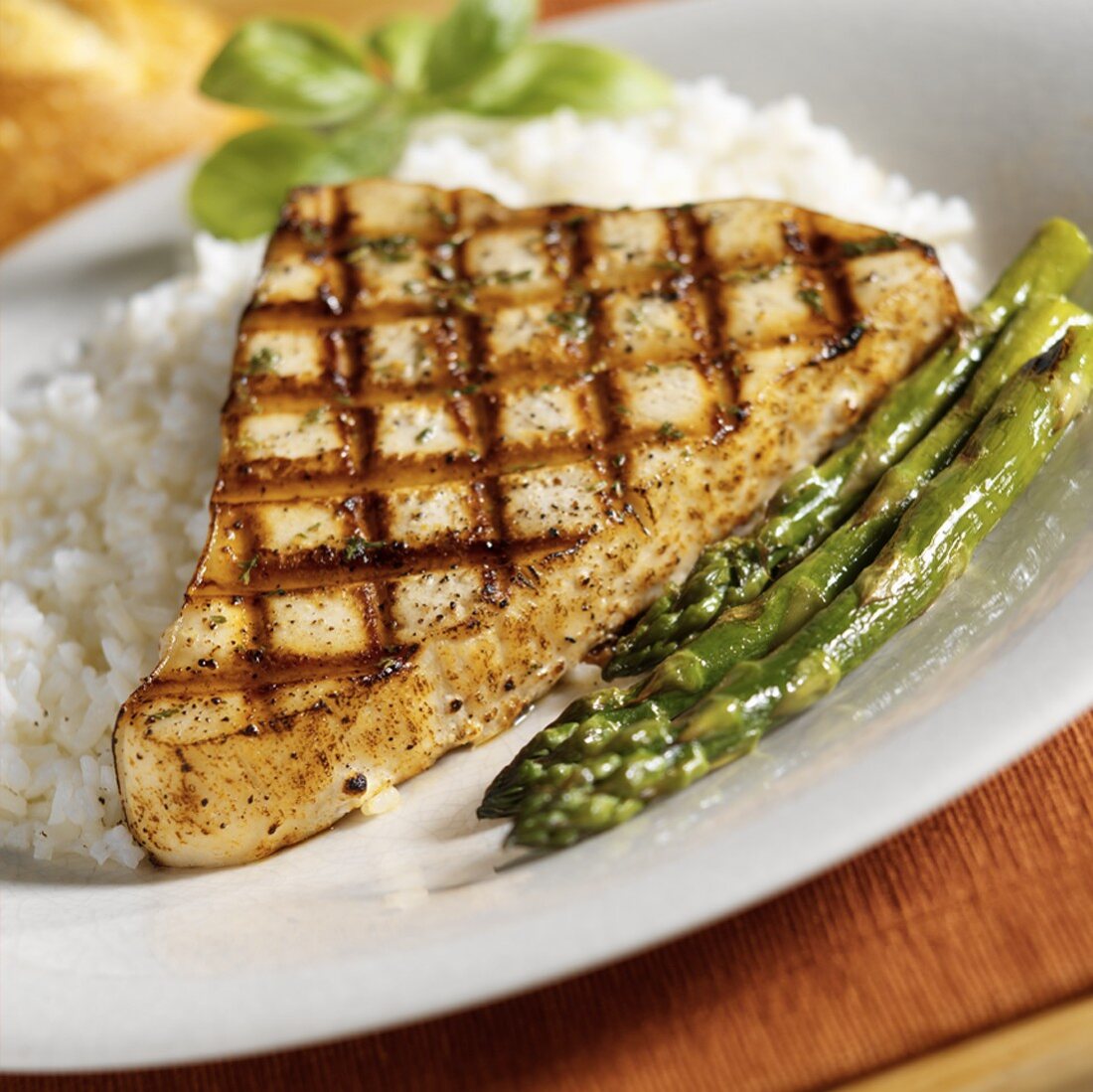 Grilled Swordfish Steak with White Rice and Asparagus
