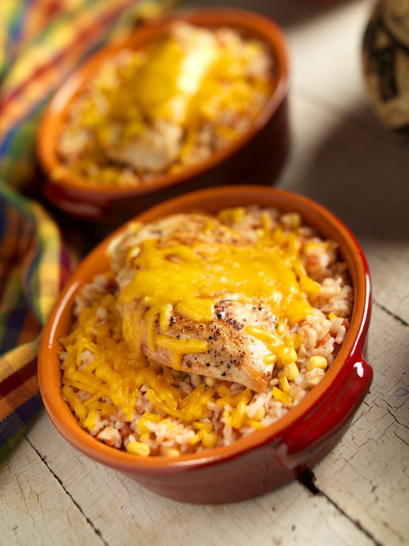 Chicken Breast Over Corn and Rice with Melted Cheese