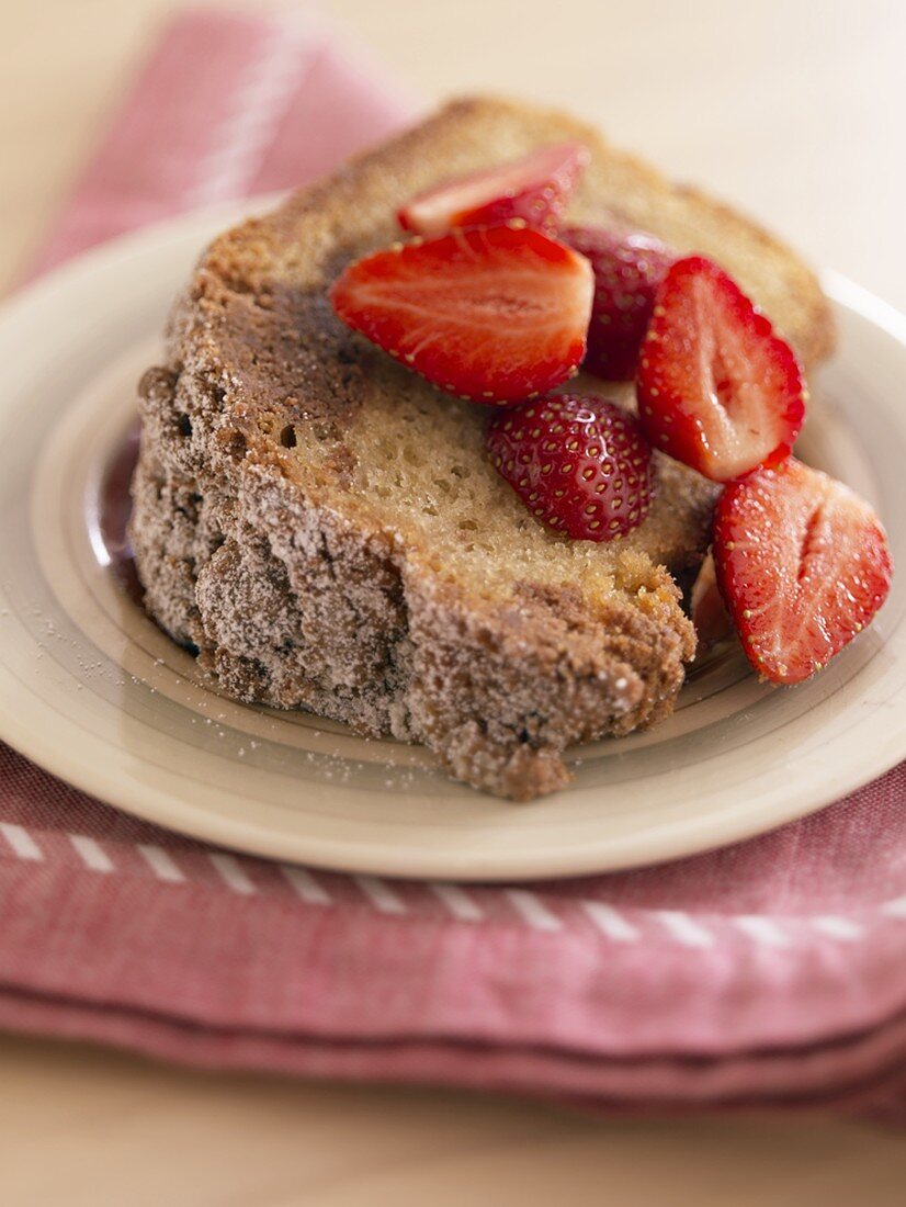 A Piece of Cinnamon Coffee Cake with Strawberries
