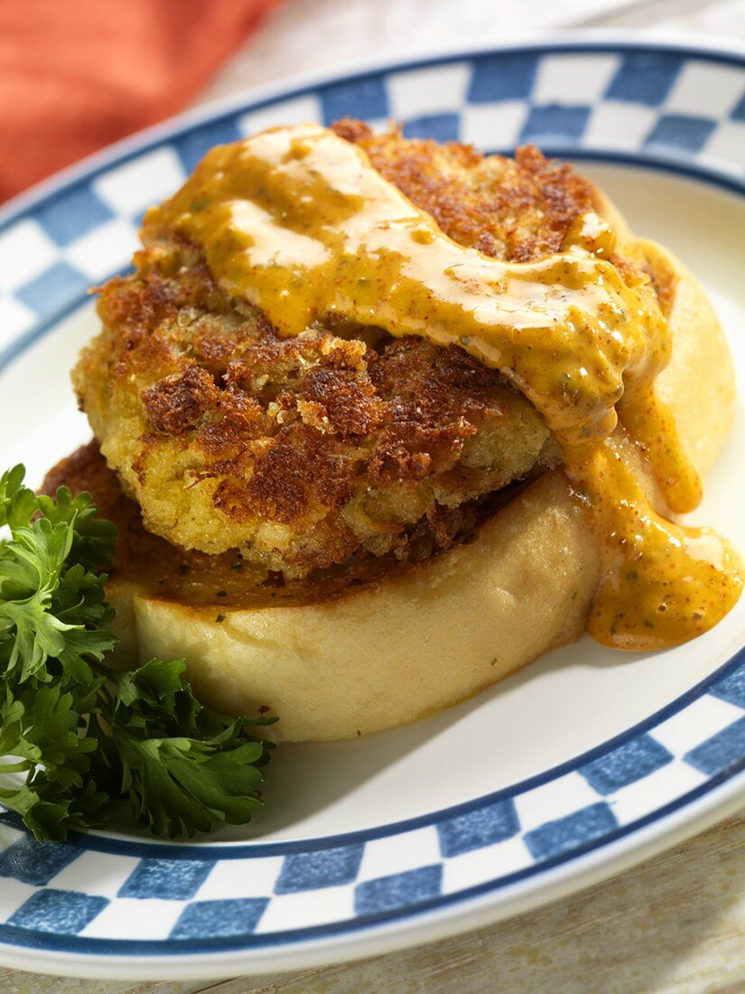 A Crab Cake on Texas Toast with Red Pepper Sauce