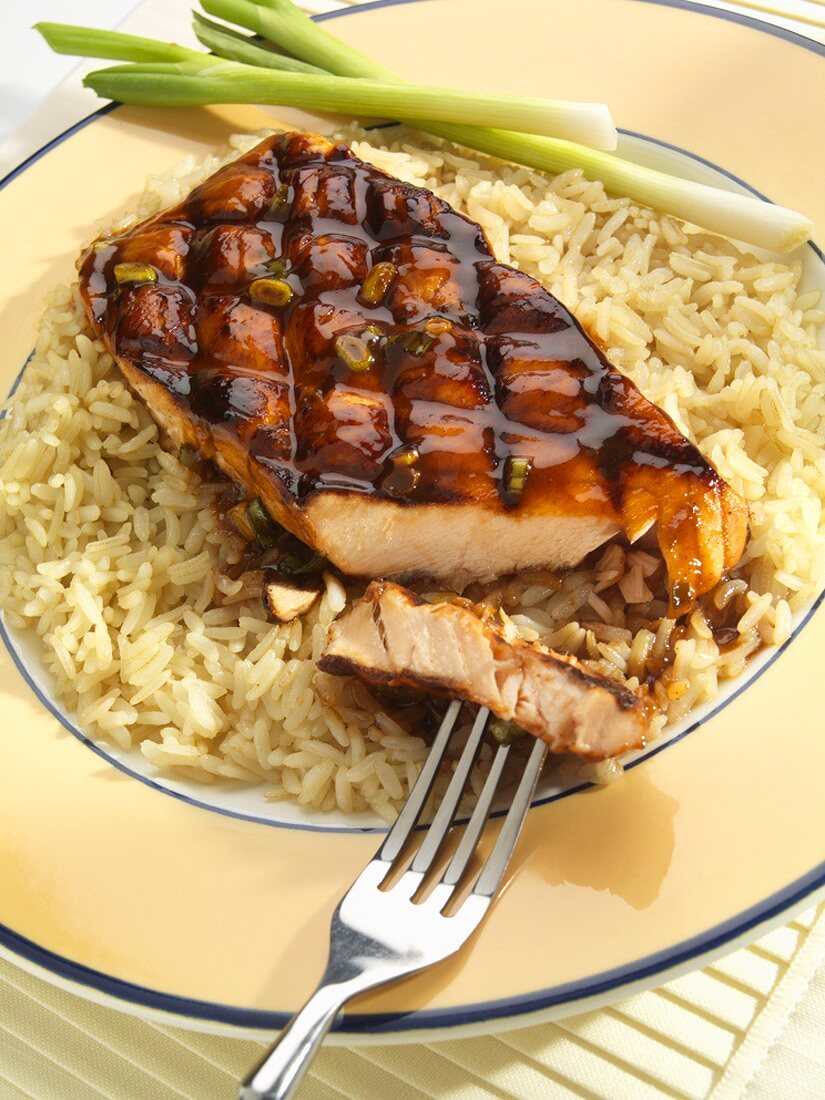 Grilled Salmon with a Teriyaki Glaze Over Brown Rice