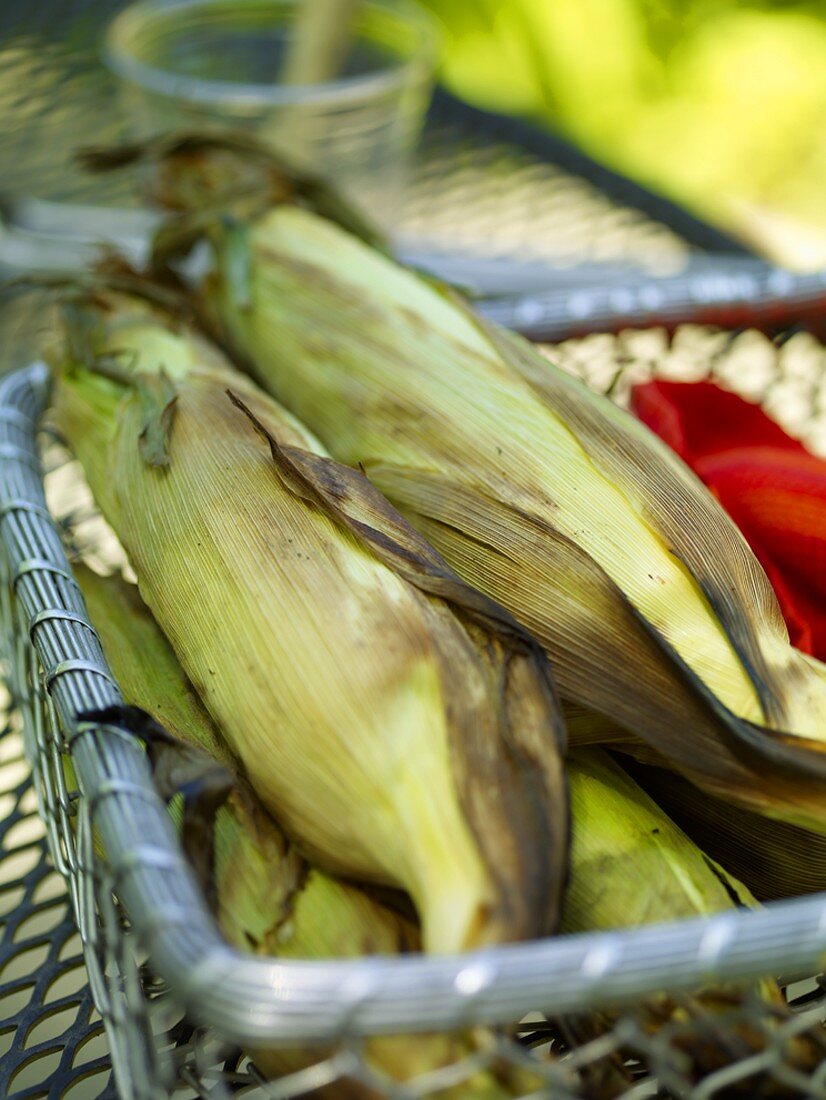 Grilled Corn in a Wire Basket