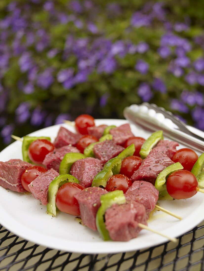 Raw Beef and Vegetable Kabobs Ready for the Grill