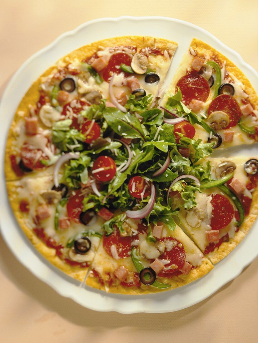Pizza mit Peperoniwurst und Gemüse, in Stücke geschnitten