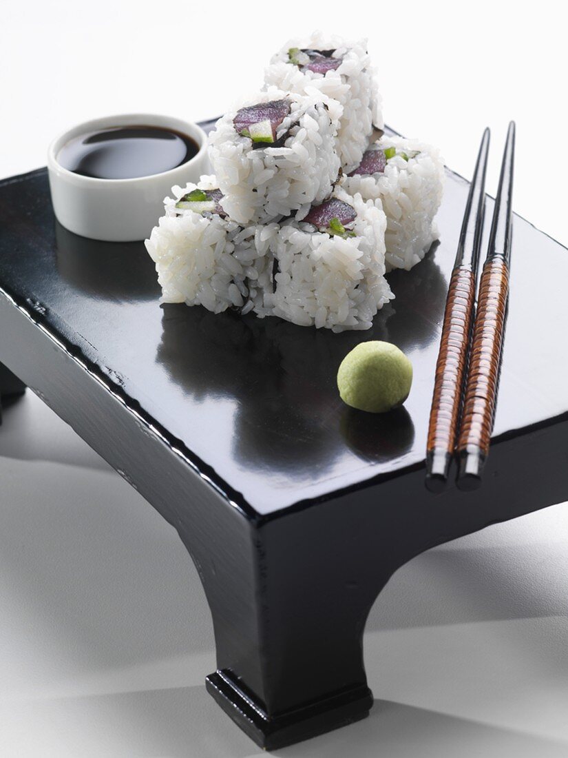 Tuna and Cucumber Inside Out Rolls, Chopsticks, Wasabi