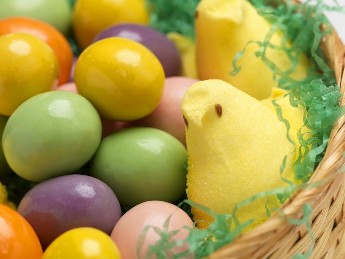 Close Up of an Easter Basket with Candy Eggs and Peeps