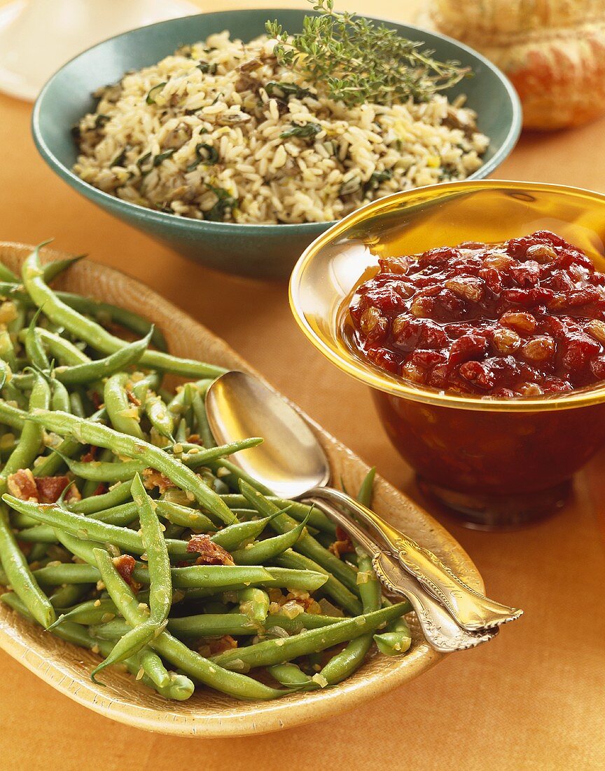 Three Thanksgiving Side Dishes, Green Beans, Cranberry Sauce and Wild Rice