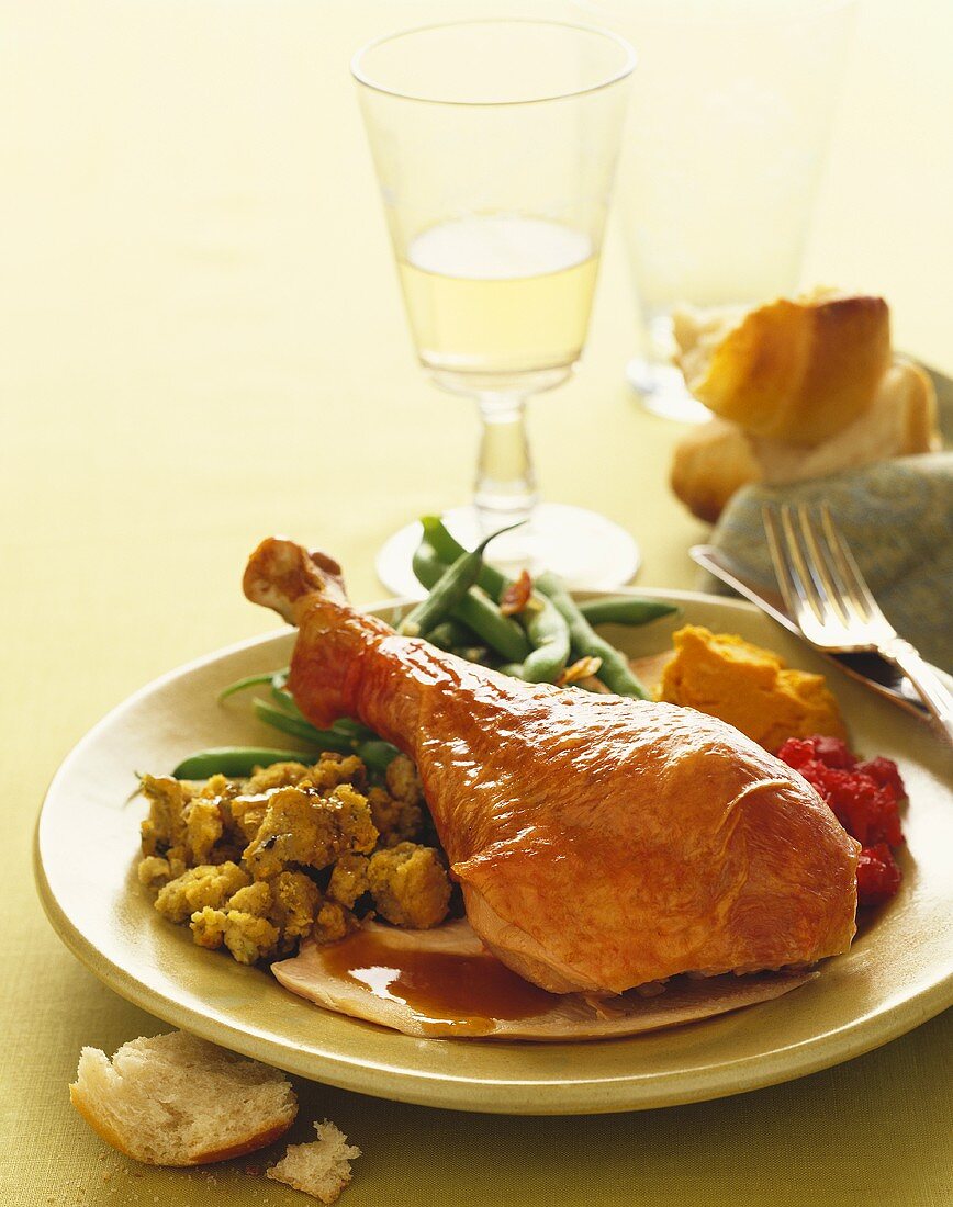 Turkey Dinner Plate, Turkey Drumstick, Stuffing and Vegetable Side Dishes, For Thanksgiving
