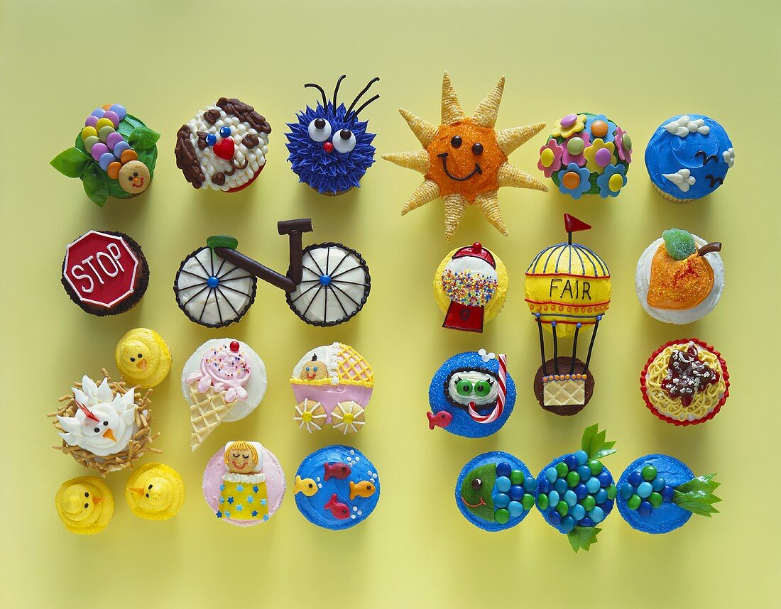 Assortment of Cupcakes Decorated in Fun Youthful Ways, From Above