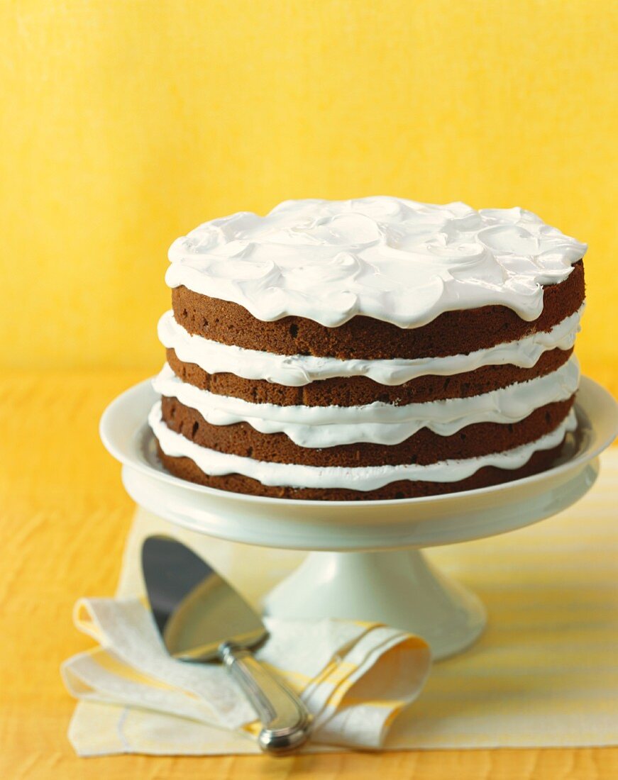 Four Layer Chocolate Cake with Whipped Cream on a Cake Plate, Cake Server