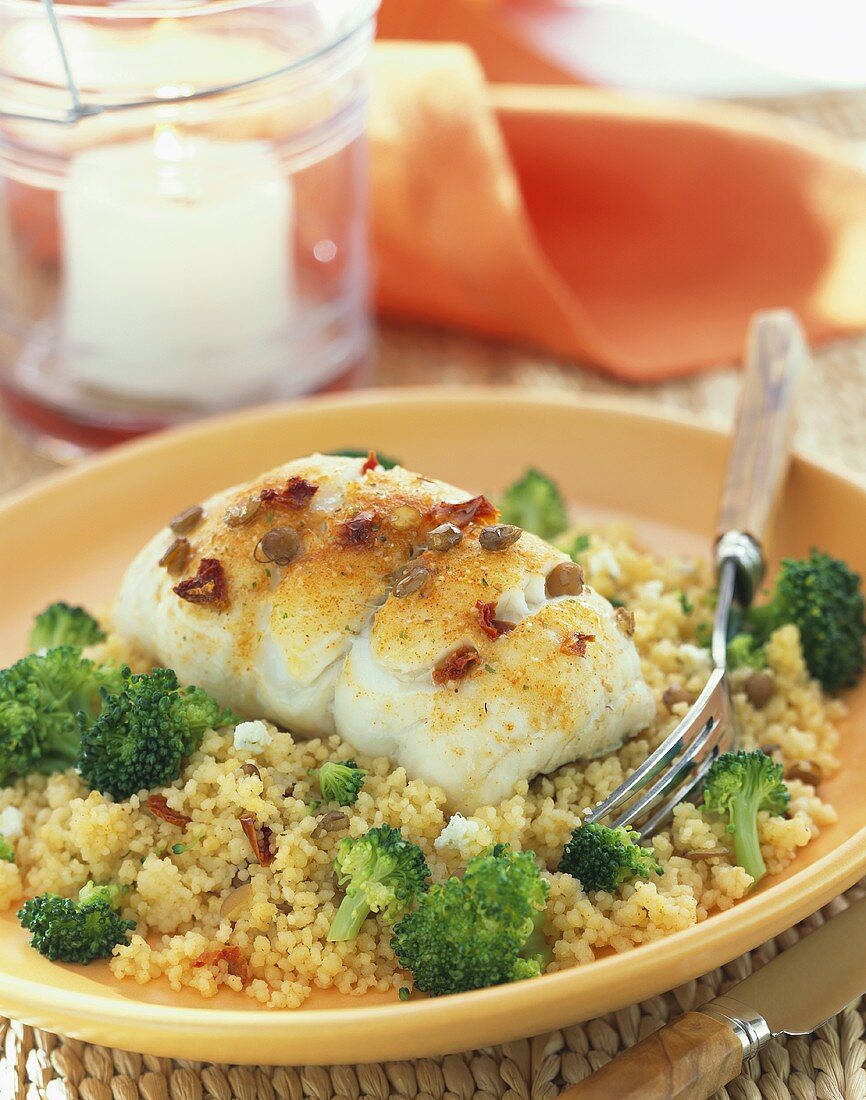 Flounder on a Bed of Couscous with Broccoli