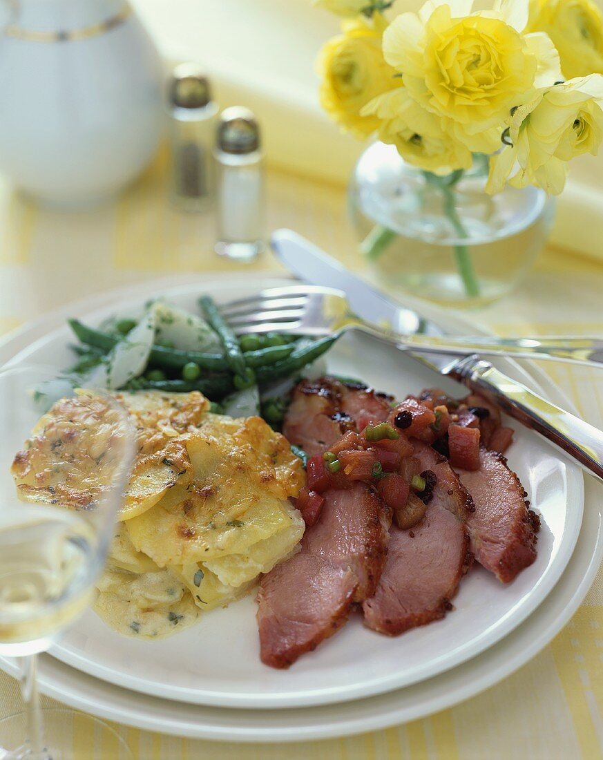 Easter Dinner Plate, Sliced Ham with Scalloped Potatoes and Beans