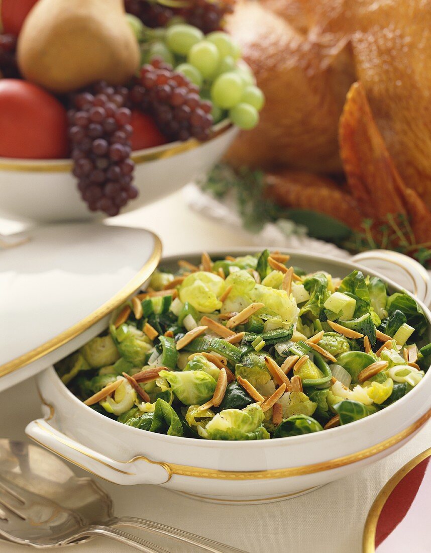 Brussels Sprouts with Slivered Almonds in a Serving Dish on Thanksgiving Table