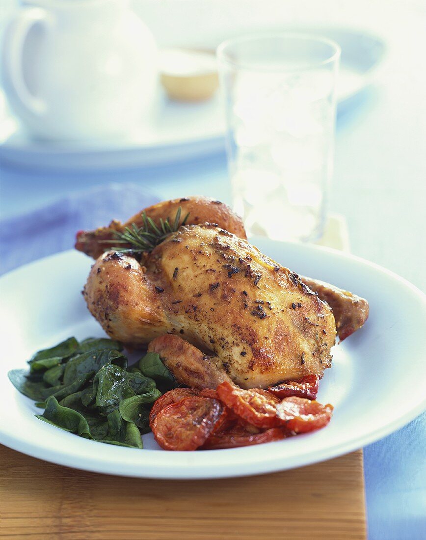 Roasted Cornish Hen with Tomato and Wilted Greens